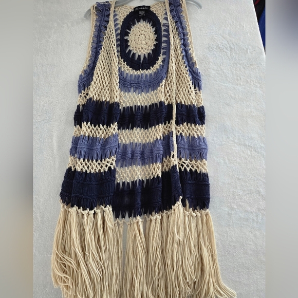 Frazzle Boho Crochet Fringe Vest Open Knit Navy Cream Purple Festival Sz S - Picture 4 of 8